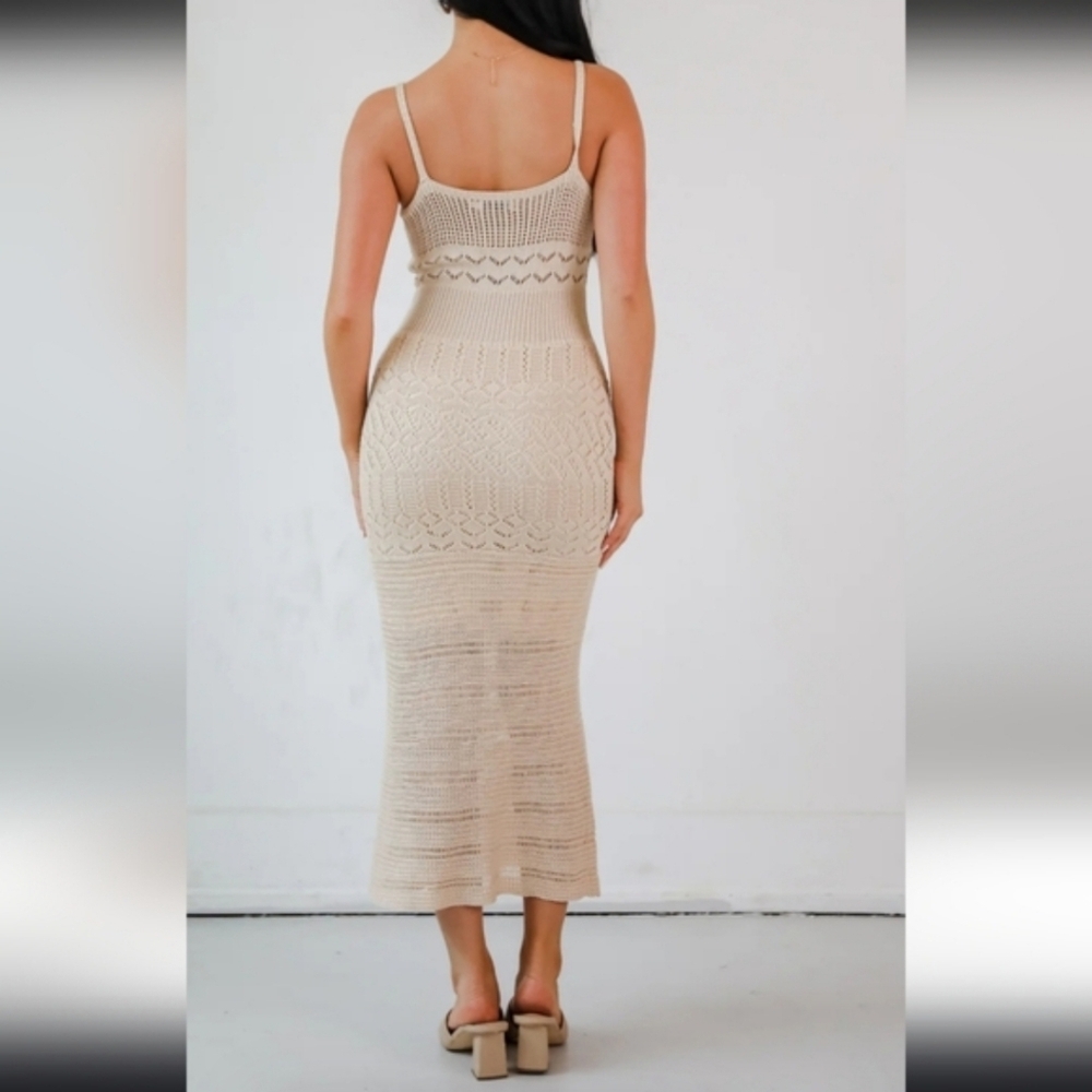 NWT Freshman 1996 Stretchy Strappy Crochet Midi Dress Tan L Whimsical Festival - Picture 2 of 6